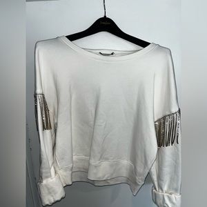 Intermix Size L White Crew Neck Oversized Sweatshirt with Crystal Fringe Detail